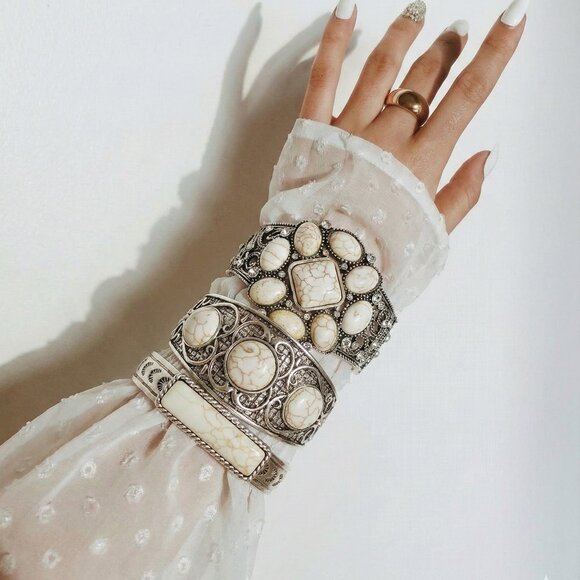 The Winona White Stone Silver Dipped Bracelet Statement Stack Western Cowgirl - Picture 1 of 5